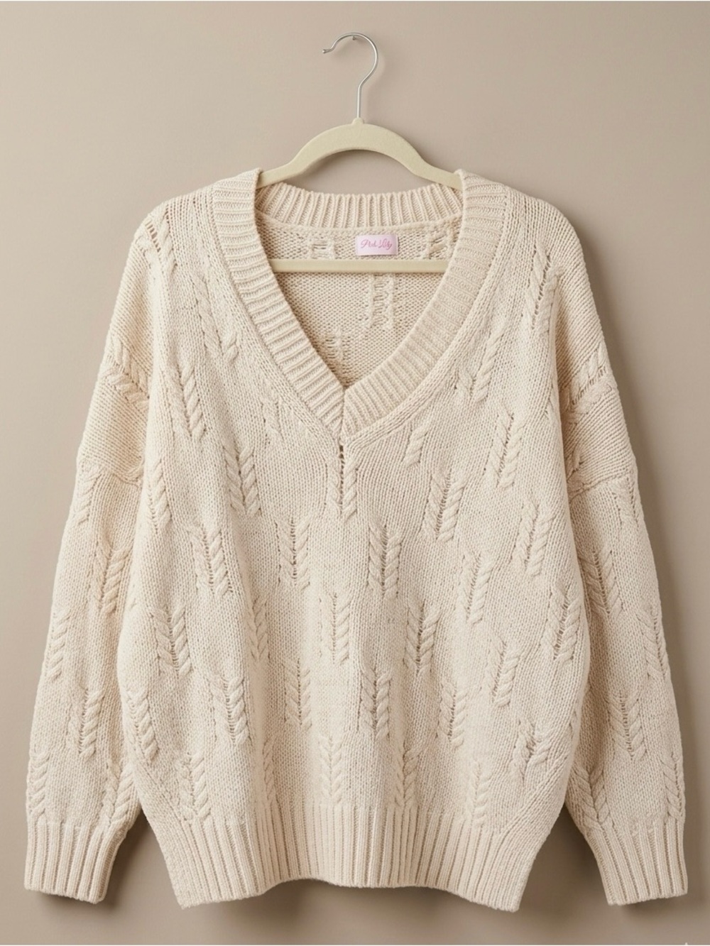 Pink Lily Cream V-Neck Cable Knit Sweater - fall wardrobe staple - chunky